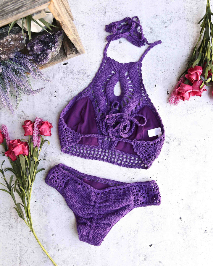 Treat Yourself Crochet Bib Bikini Set in Purple