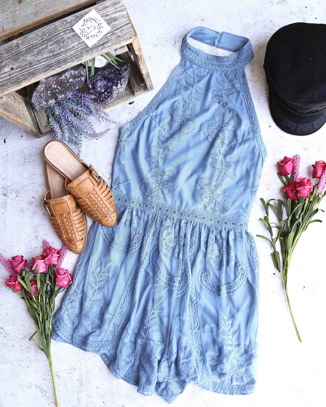 Sleepless & Sleeveless Halter Neck Mesh Lace Romper in Dusty Blue