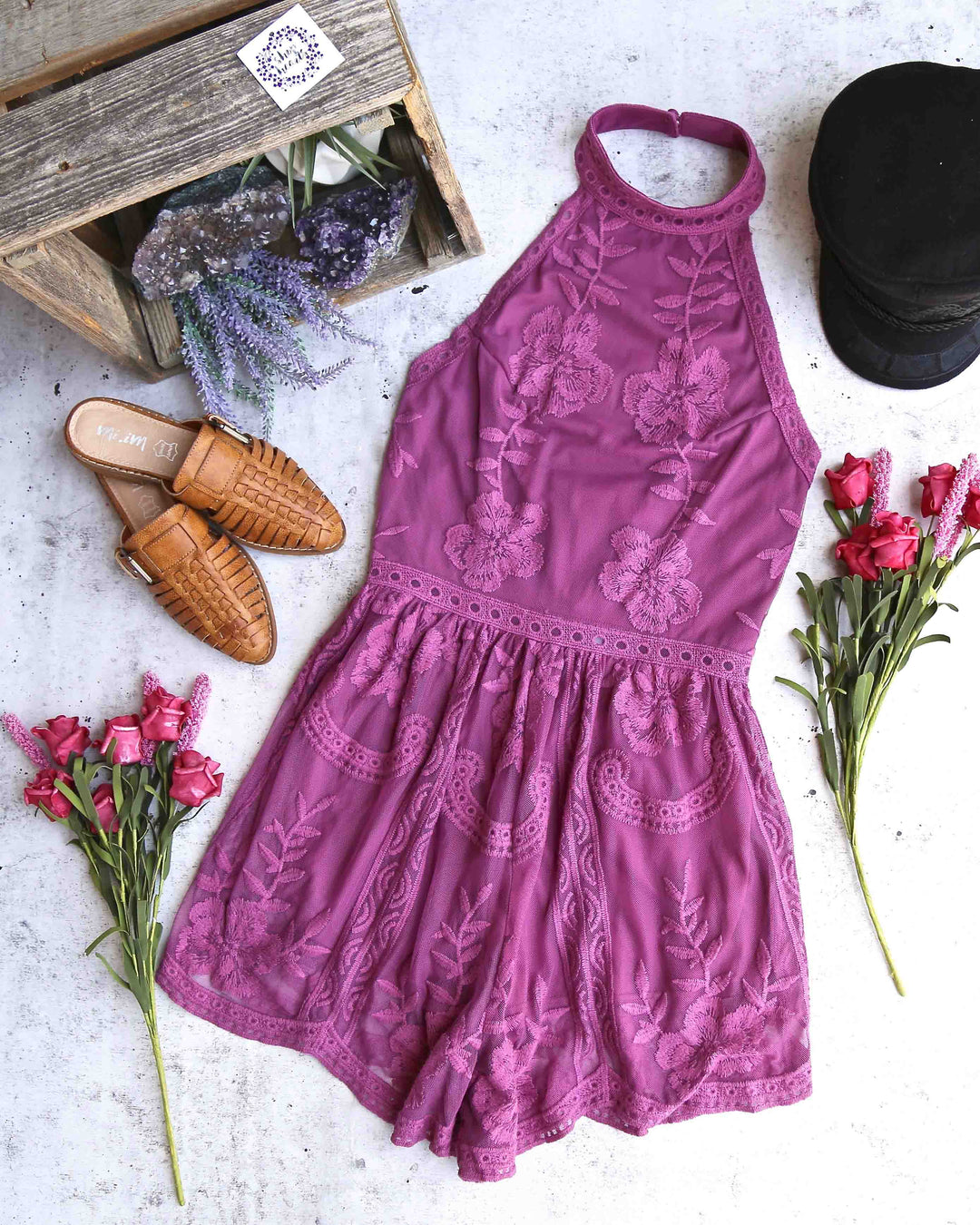 Sleepless & Sleeveless Halter Neck Mesh Lace Romper in Mauve