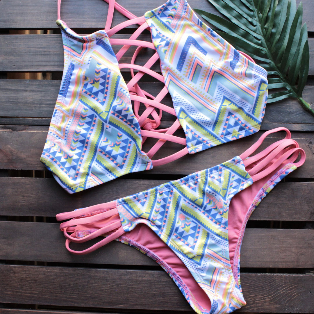 venice high neck crop bikini set in aztec print - shophearts - 1