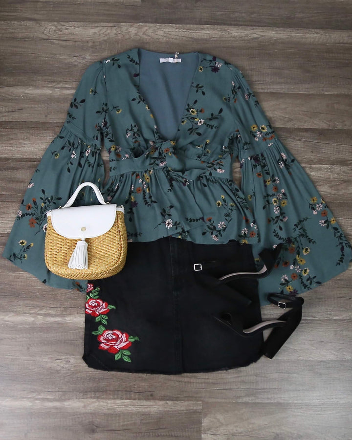 Olivaceous - Floral Bell Sleeve Blouse in Teal