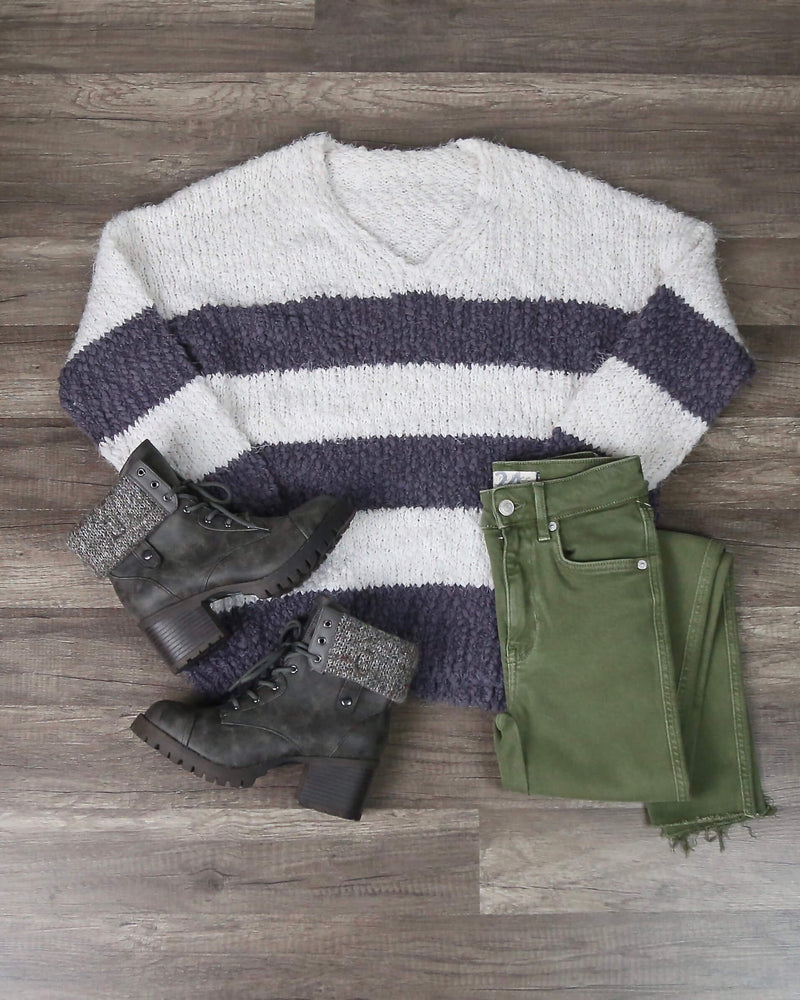 Girls Like Me Striped Fuzzy Knit Sweater with Side Slit in Purple Grey ...