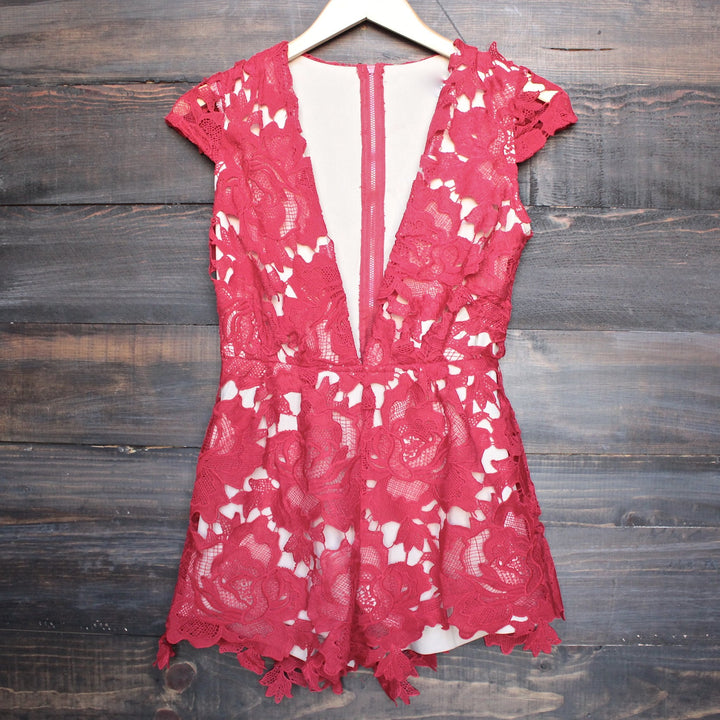 floral appliqué deep plunge tailored romper - red - shophearts - 1