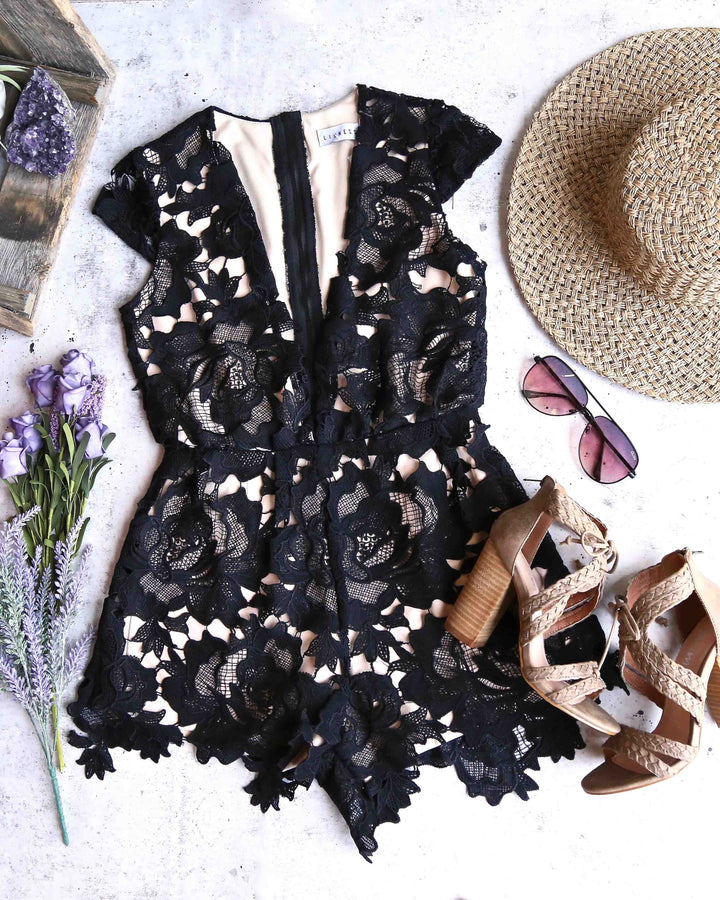 Lioness - Floral Applique Deep Plunge Tailored Romper in Black