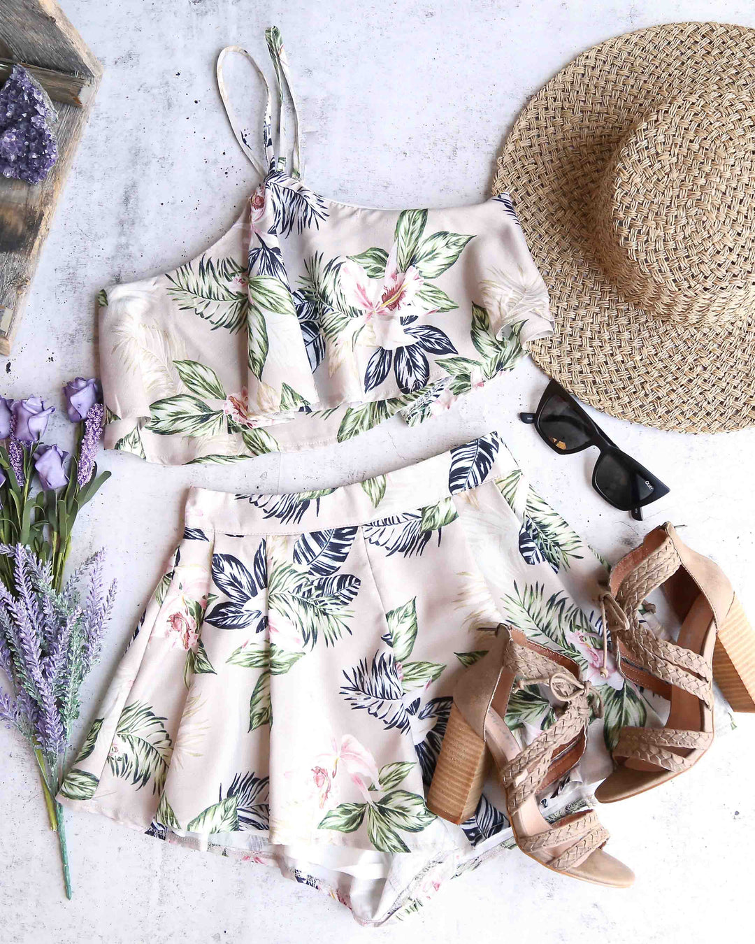 FINAL SALE - In the Moment Two Piece Floral Halter Set in Taupe