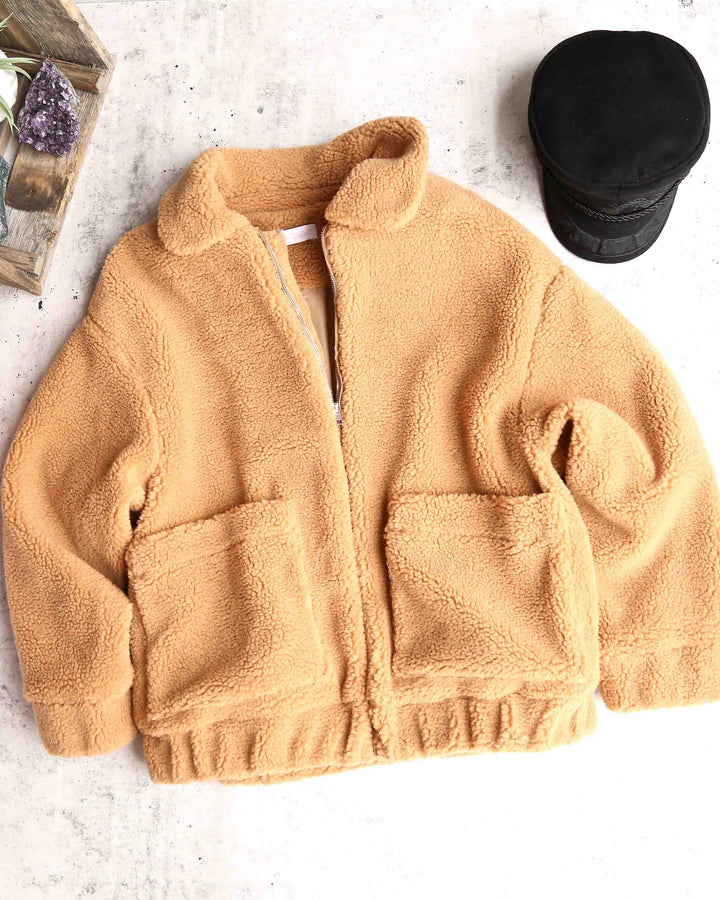 Final Sale - Zip Up Teddy Bear Coat Jacket - Camel