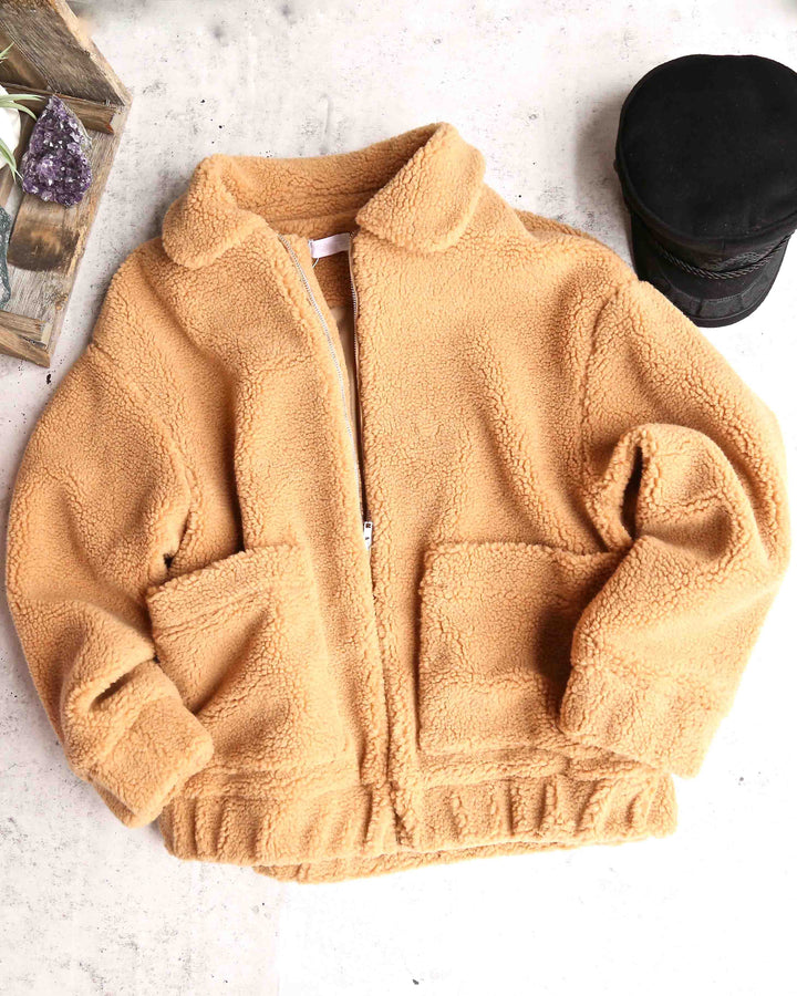 Final Sale - Zip Up Teddy Bear Coat Jacket - Camel