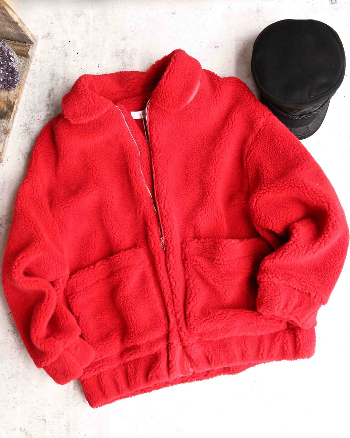 Zip Up Teddy Bear Jacket in Red