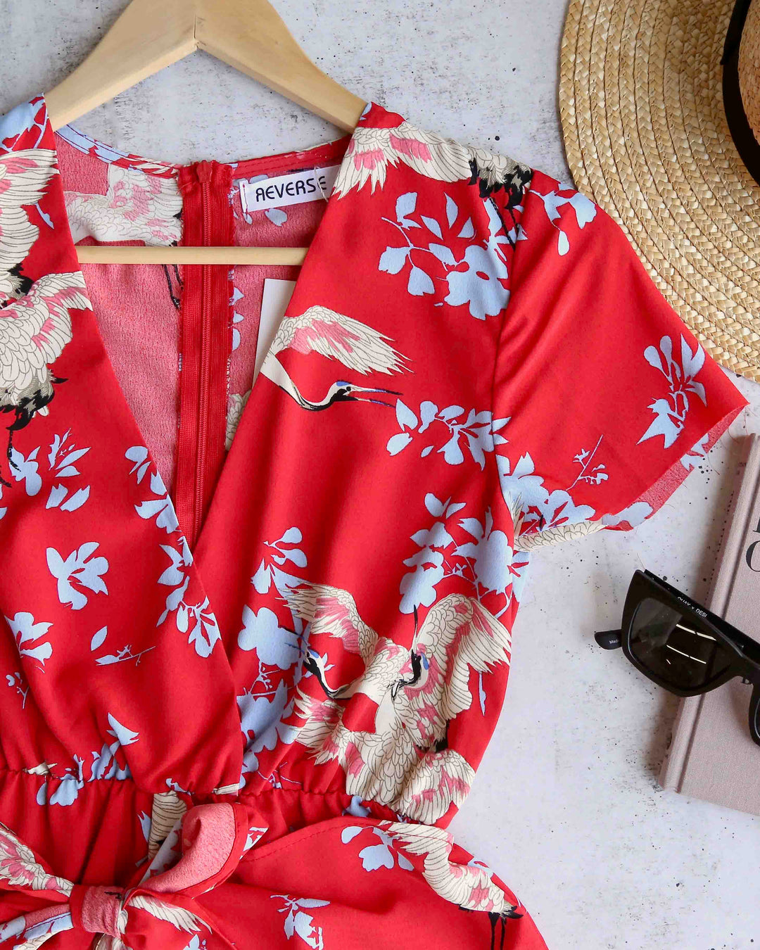 Reverse - Red Floral Raw Hem Romper