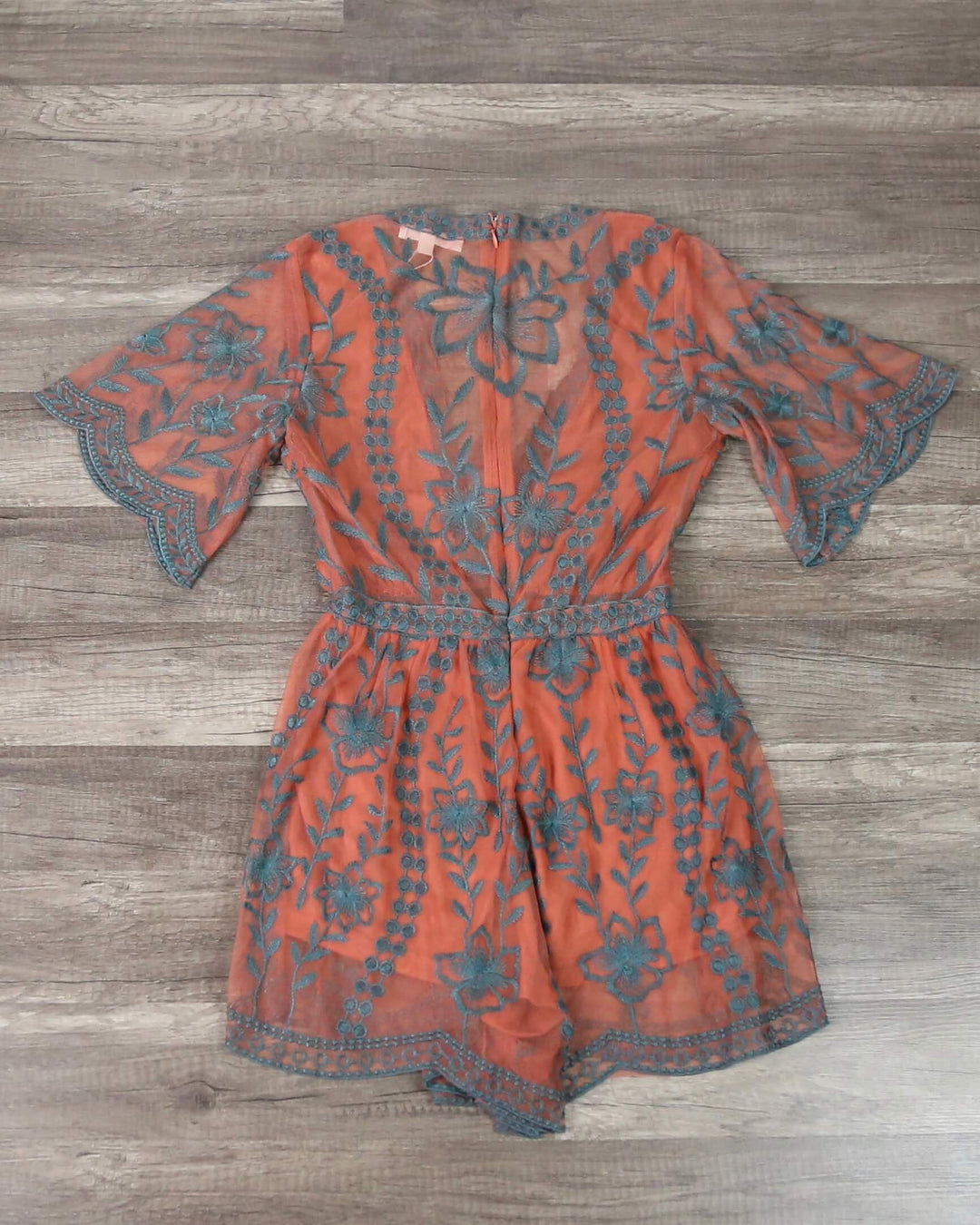 Honey Punch - As You Wish Contrasting Embroidered Lace Romper in Dusty Rust