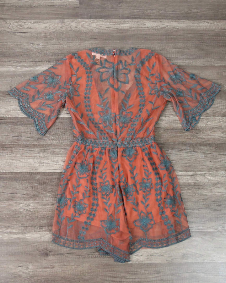 Honey Punch - As You Wish Contrasting Embroidered Lace Romper in Dusty Rust