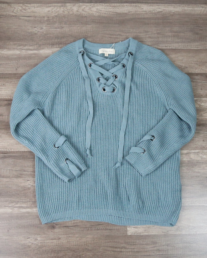 Lace Up Grommet Knit Sweater in Sage