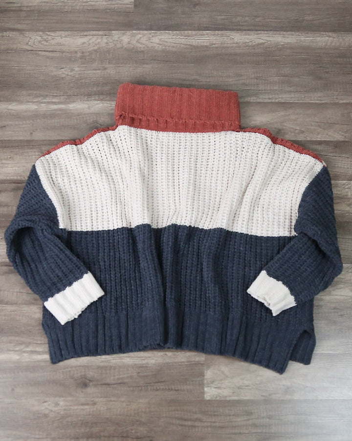 Color Block Rib Textured Turtle Neck Sweater In Ginger Rose Multi