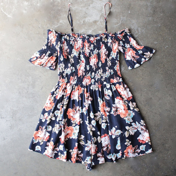 smocked cold shoulder romper in navy floral print - shophearts - 1