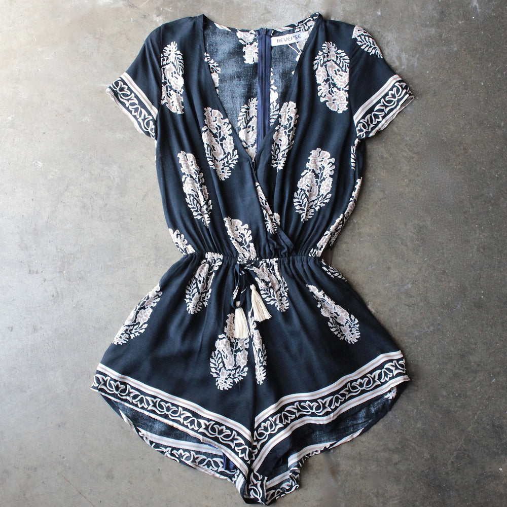 reverse - short-sleeve boho print front surplice romper - shophearts - 6