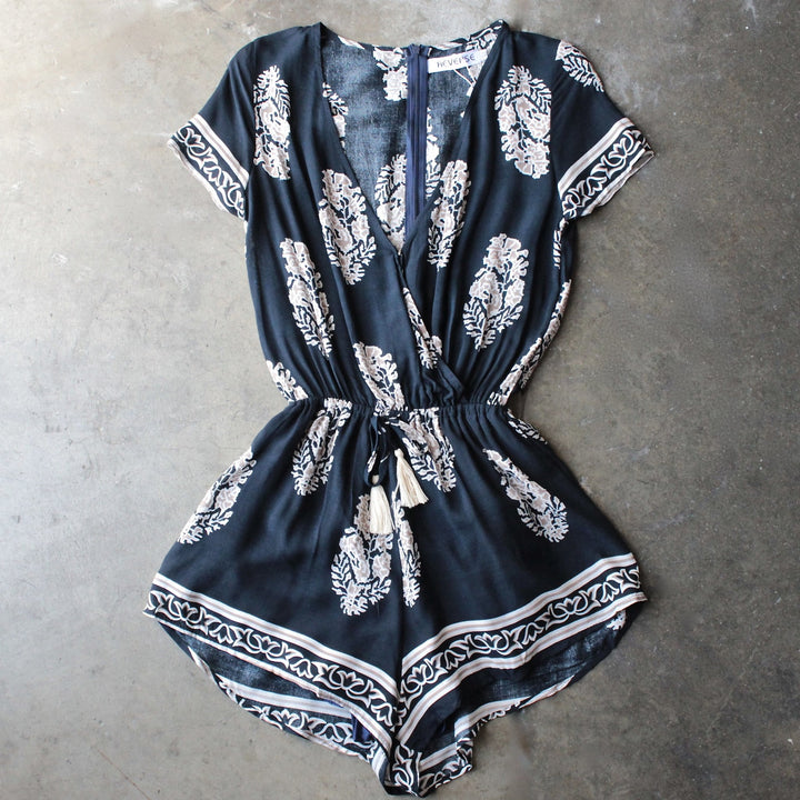 reverse - short-sleeve boho print front surplice romper - shophearts - 6