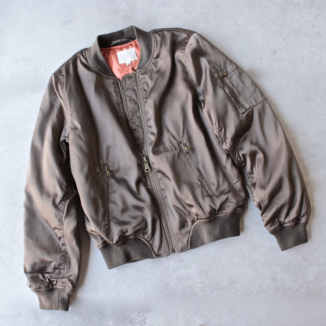 padded satin bomber jacket - olive - shophearts - 1