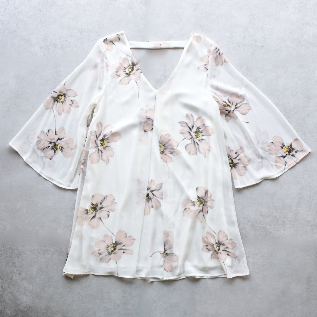 soft floral bell sleeve chiffon shift dress - shophearts