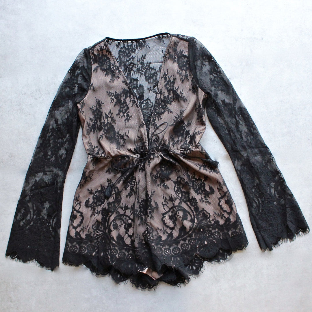 the jetset diaries - dulce deep plunge lace romper in black - shophearts - 1