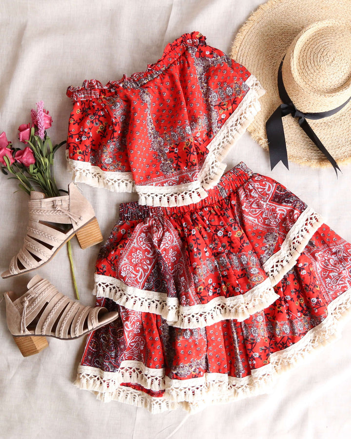 Paisley Printed Strapless Top Skirt Set with Tassel Trim in Red