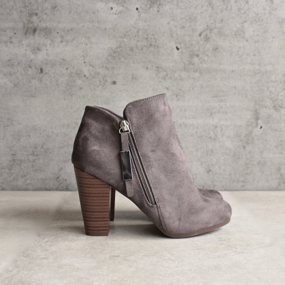 almond toe stacked heel vegan suede booties - grey - shophearts - 4