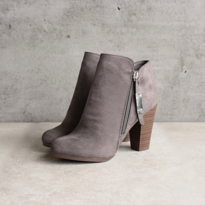 almond toe stacked heel vegan suede booties - grey - shophearts - 2