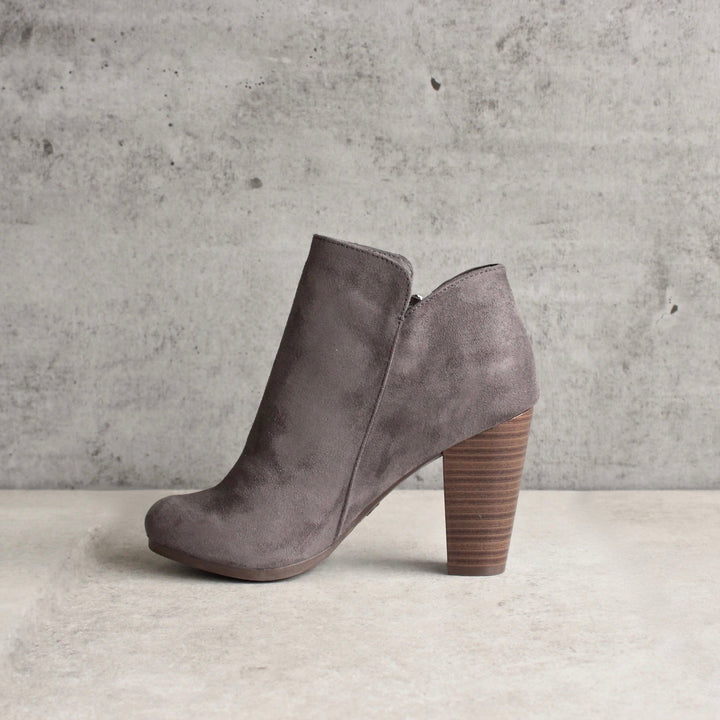 almond toe stacked heel vegan suede booties - grey - shophearts - 3