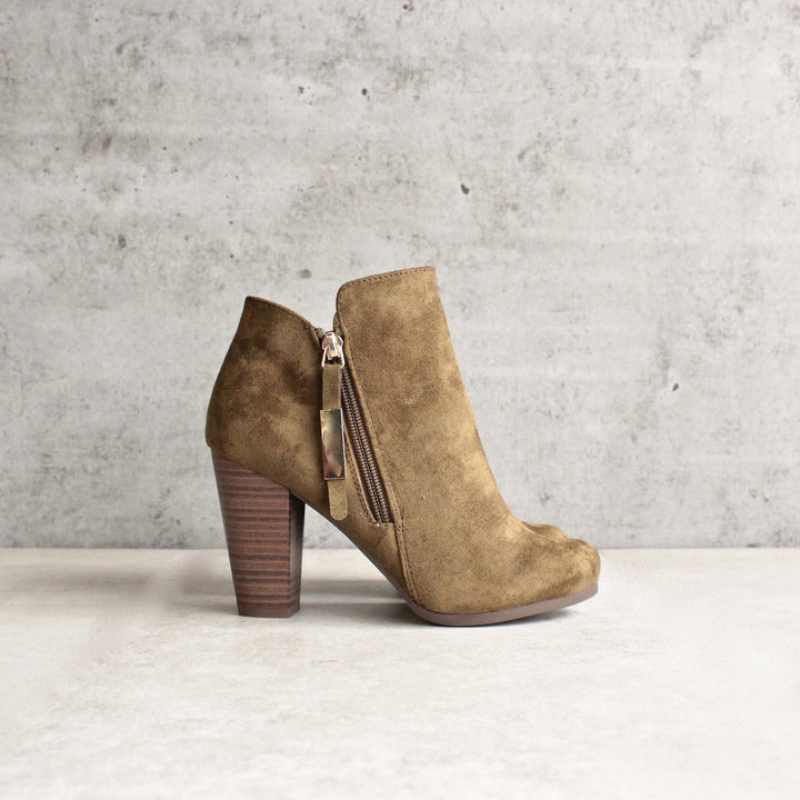 almond toe stacked heel vegan suede booties - olive - shophearts - 1