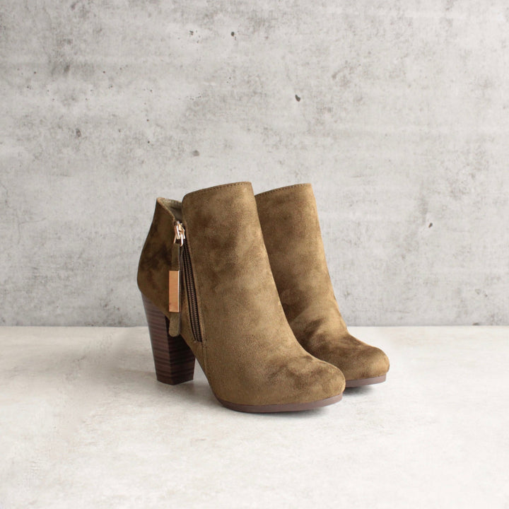 almond toe stacked heel vegan suede booties - olive - shophearts - 5