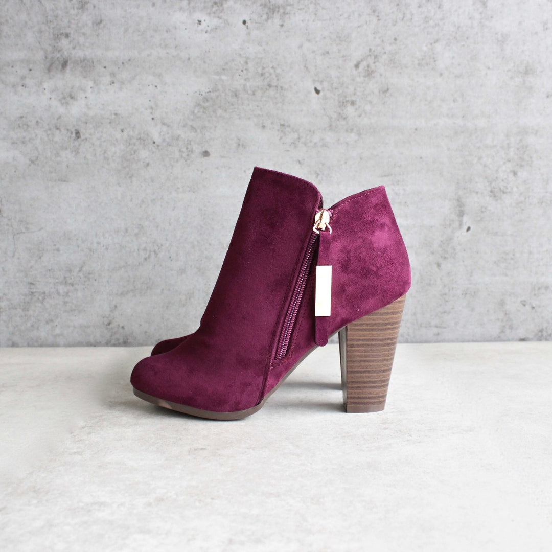 almond toe stacked heel vegan suede booties - shophearts - 3