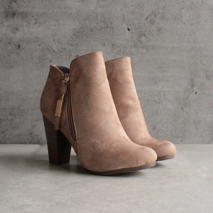 almond toe stacked heel vegan suede booties - natural - shophearts - 9