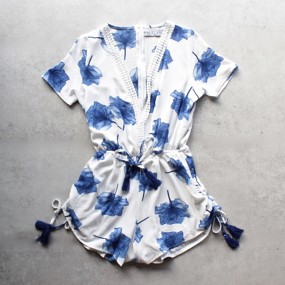 lovecat - sweet floral white + blue chiffon romper - shophearts - 1