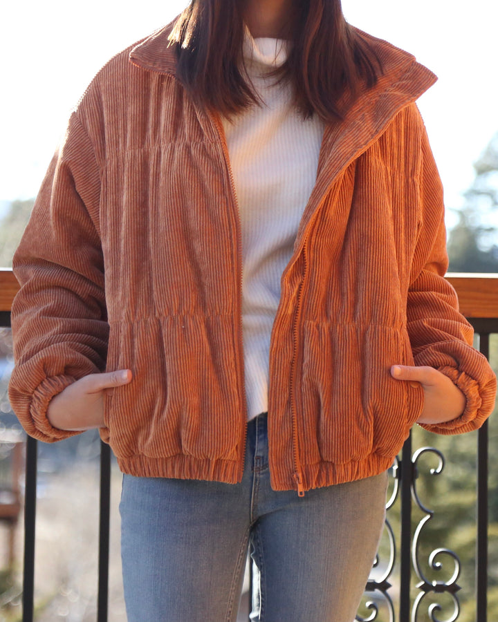 Cassidy Corduroy High Collared Bomber Jacket in Camel