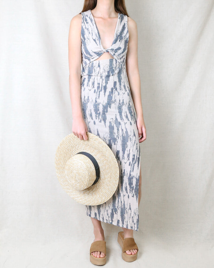 Tessa Tie Dye Cut Out Printed Midi Dress in Taupe Charcoal