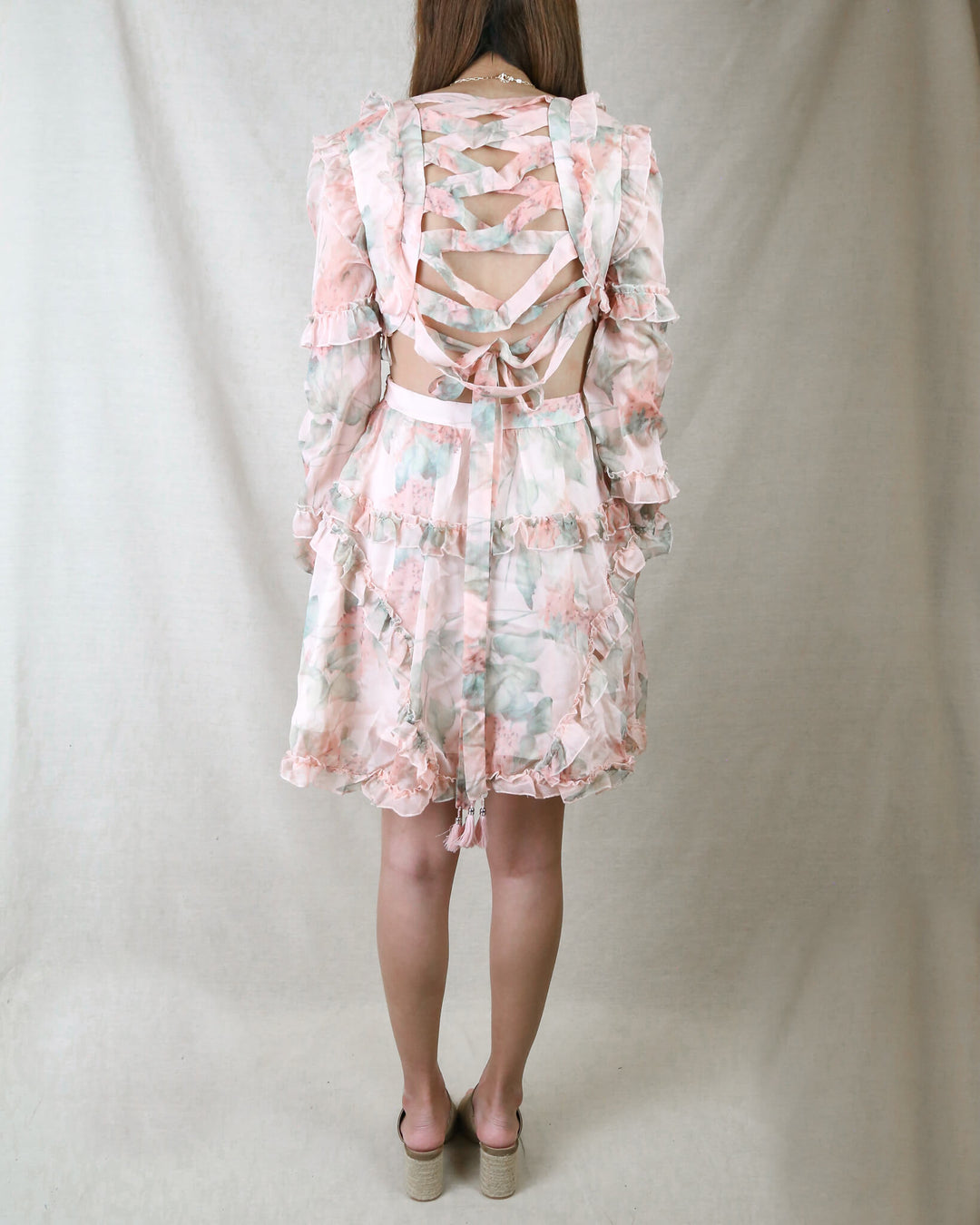 Floral Paradise V-Neck Lantern Sleeve Layered Ruffle Dress in Pink