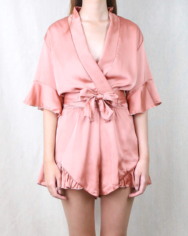 silky - romper - waist tie - v neck - ruffled sleeve - lioness - dark blush