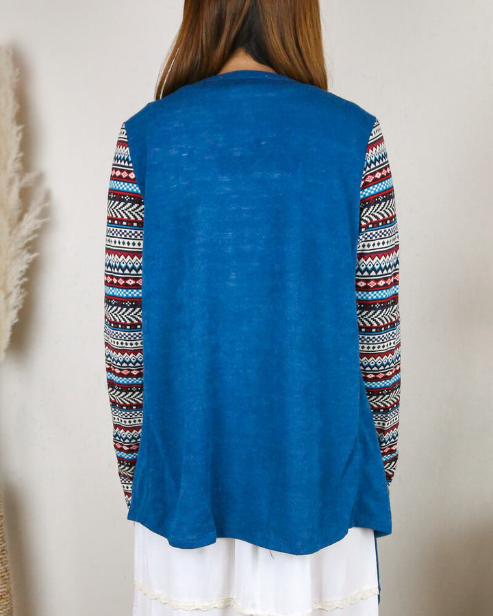 Lightweight Open Front Cascading Cardigan with Print Sleeves in Teal