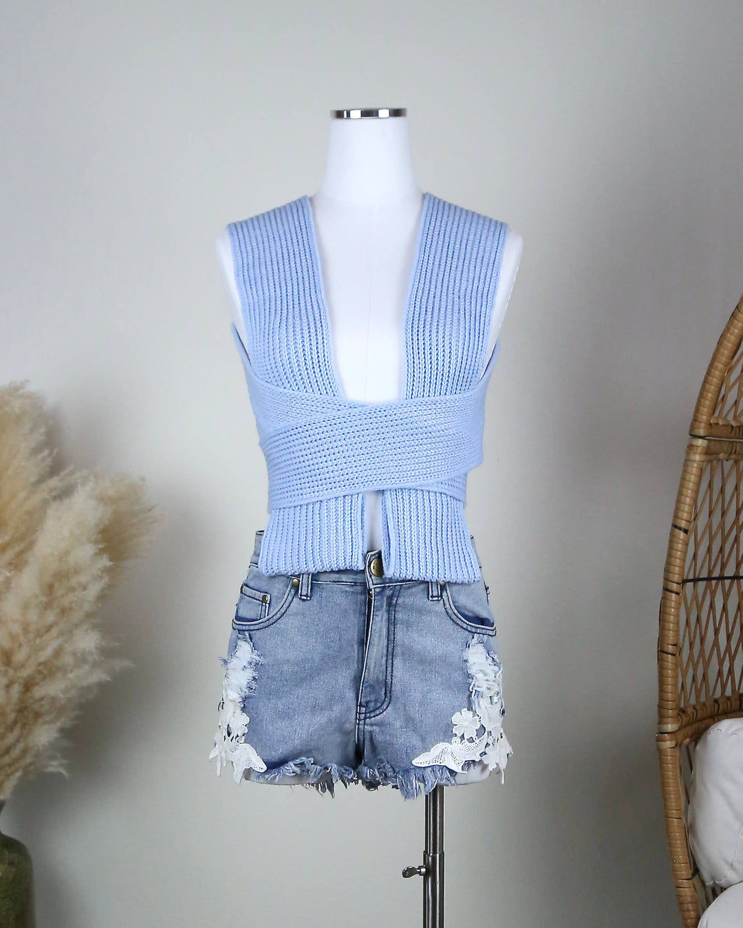 knit - crochet top - wrap style - tie enclosure - crop top - blue