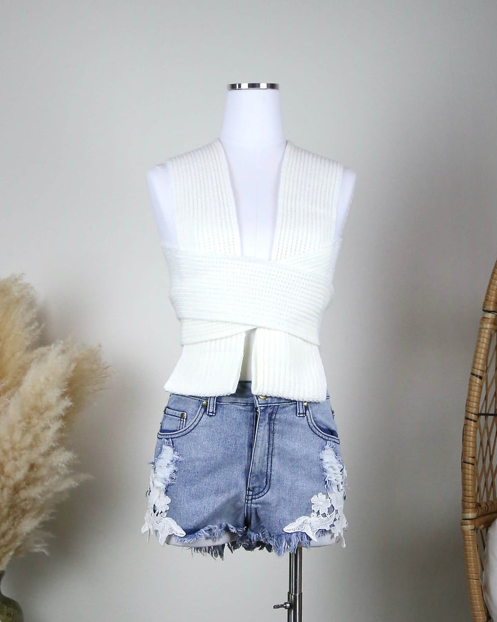 knit - crochet top - wrap style - tie closure - crop top - white