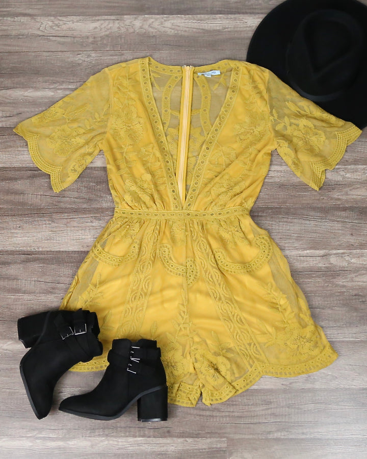 For What It's Worth Lace Romper in Mustard