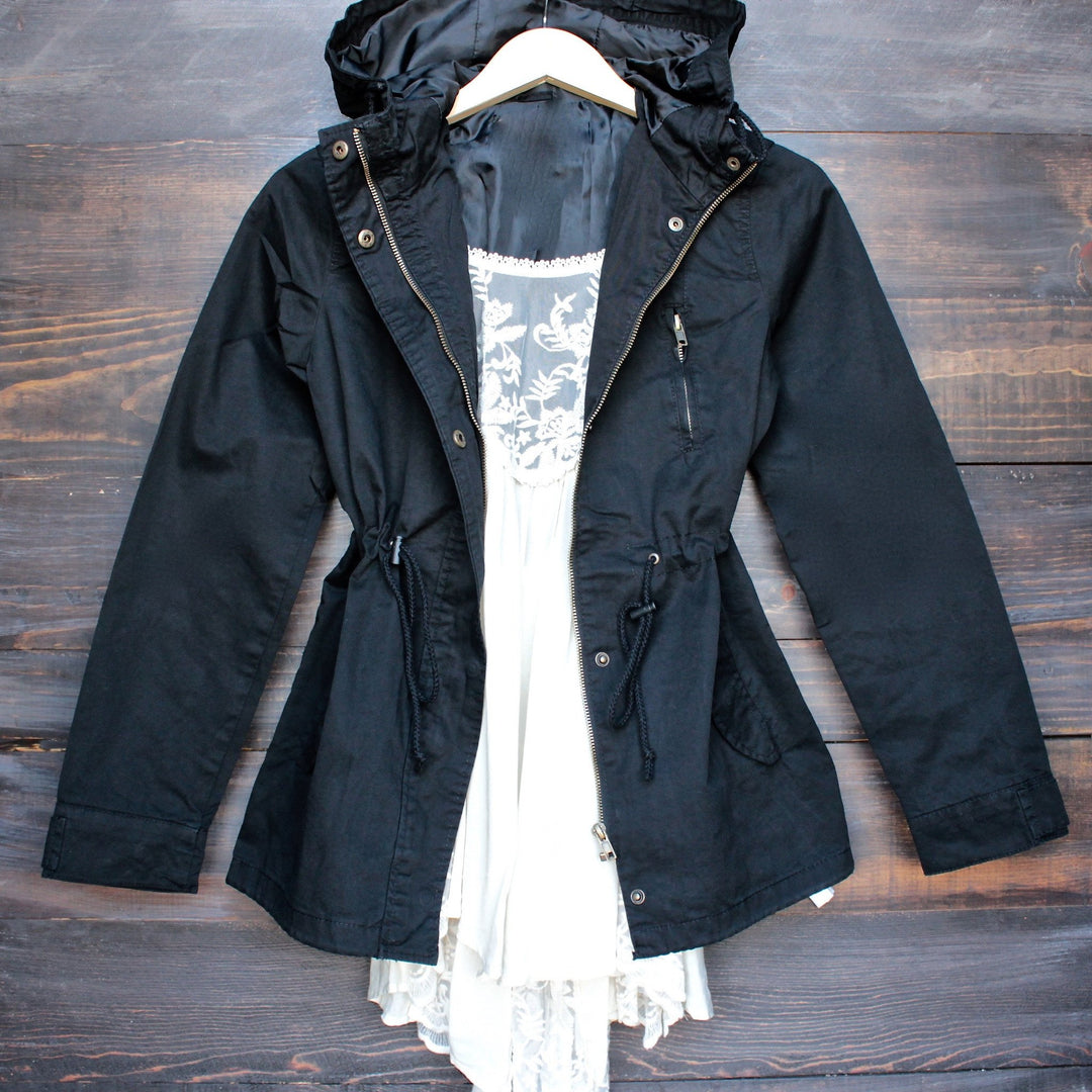 womens hooded utility parka jacket with drawstring waist in black - shophearts - 1