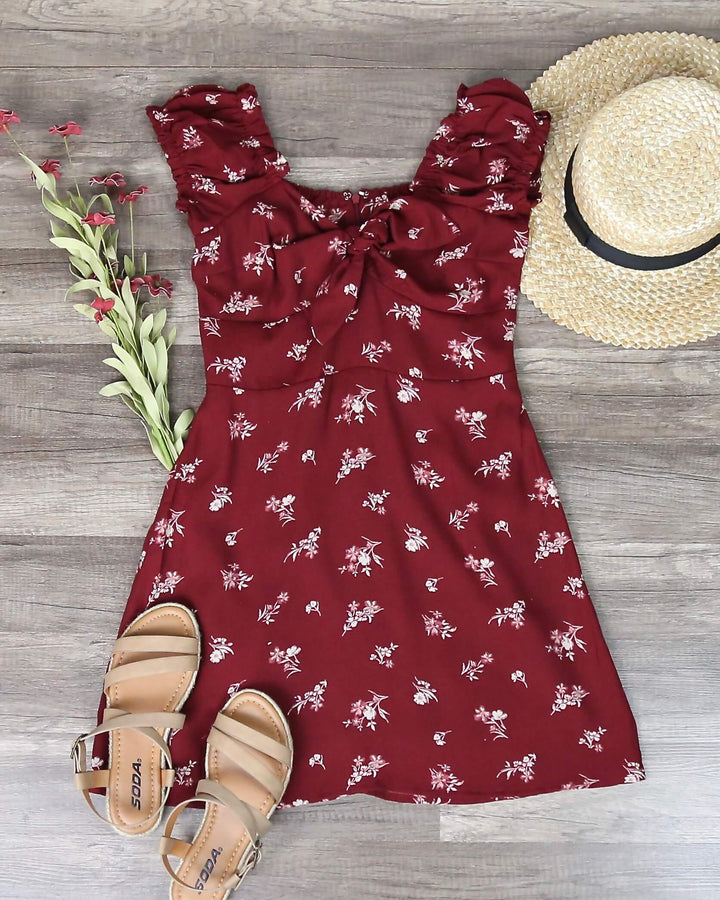 Off The Shoulder Sweetheart Front Tie Fit and Flare Mini Dress - Floral Burgundy