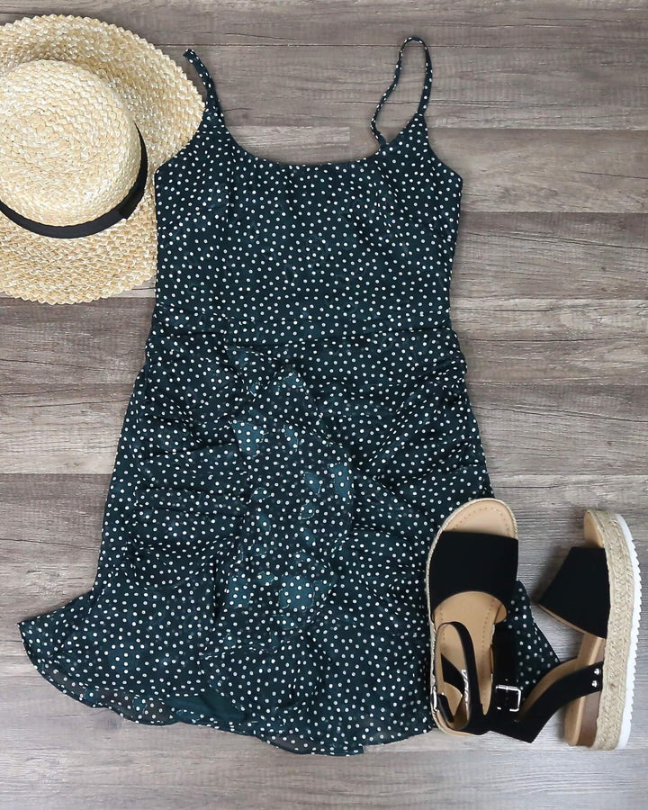 Polka Dot Printed Sleeveless Ruched Mini Dress in Forest Green