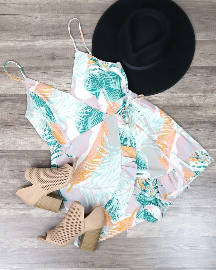 Tropical Breeze Printed Wrap Romper in White Multi