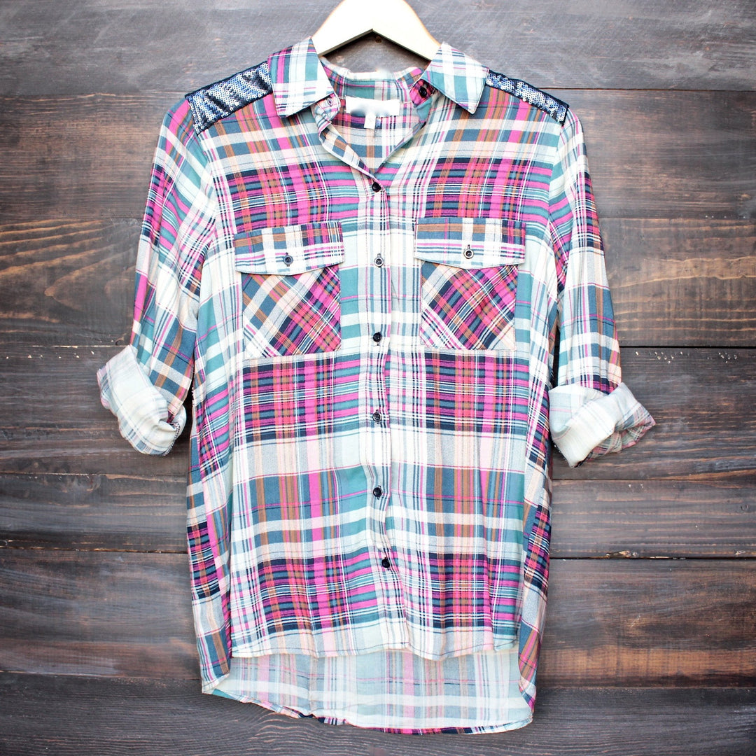 button up plaid shirt with dazzling blue sequins - shophearts - 2