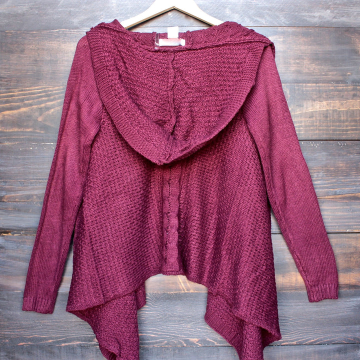 open front knit cardigan with hood in burgundy - shophearts - 1