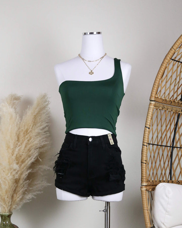 Seamless One Shoulder Solid Crop Top in Dark Green