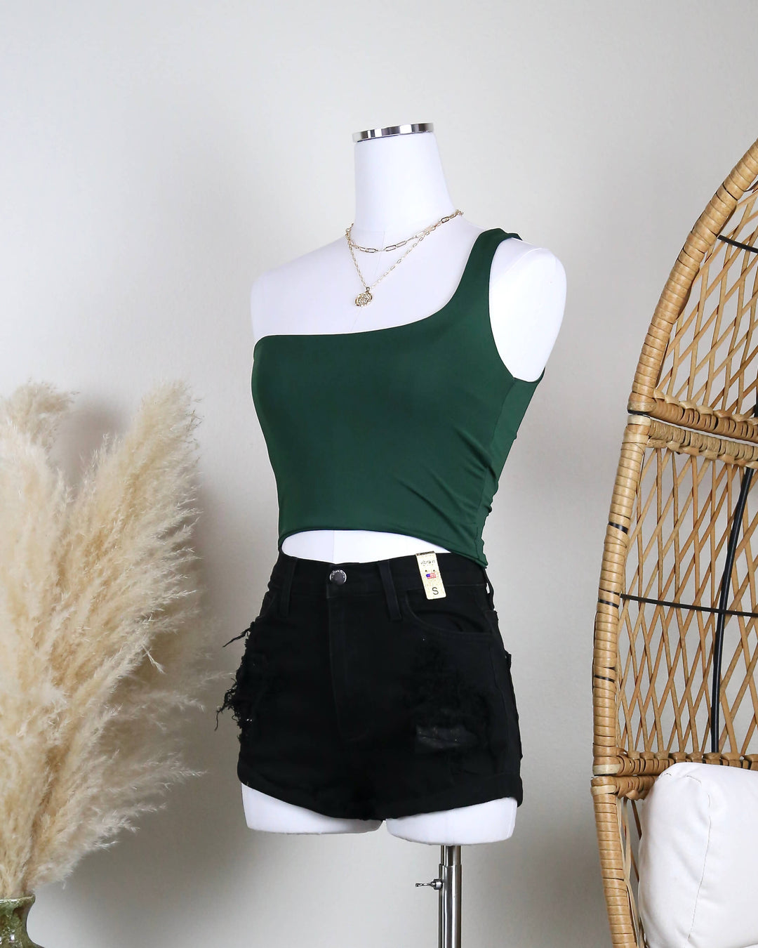 Seamless One Shoulder Solid Crop Top in Dark Green