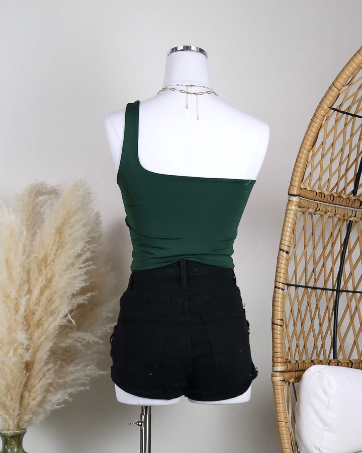 Seamless One Shoulder Solid Crop Top in Dark Green