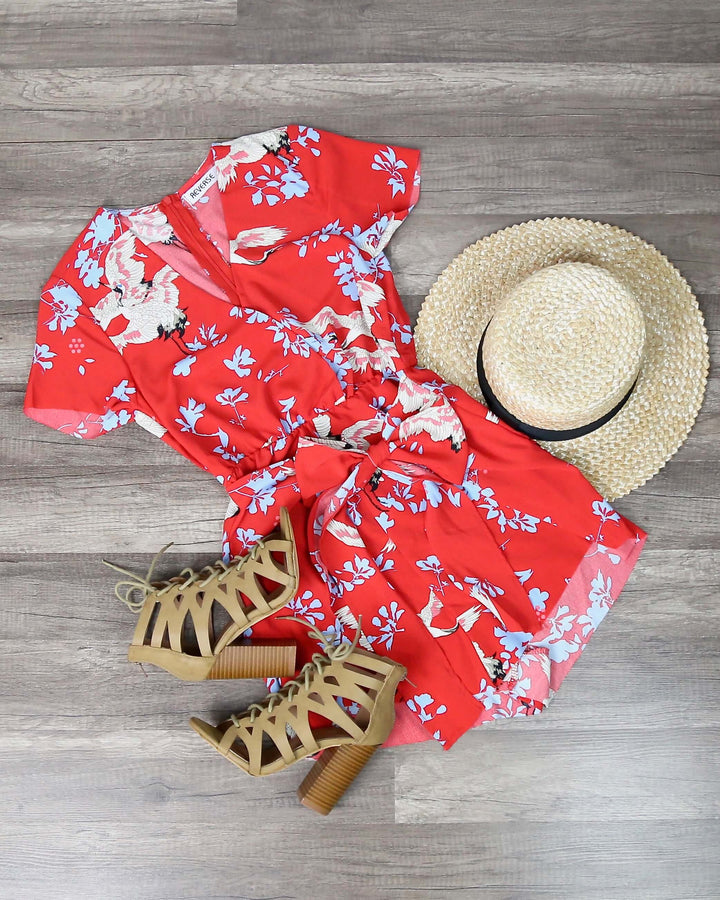 Reverse - Red Floral Raw Hem Romper